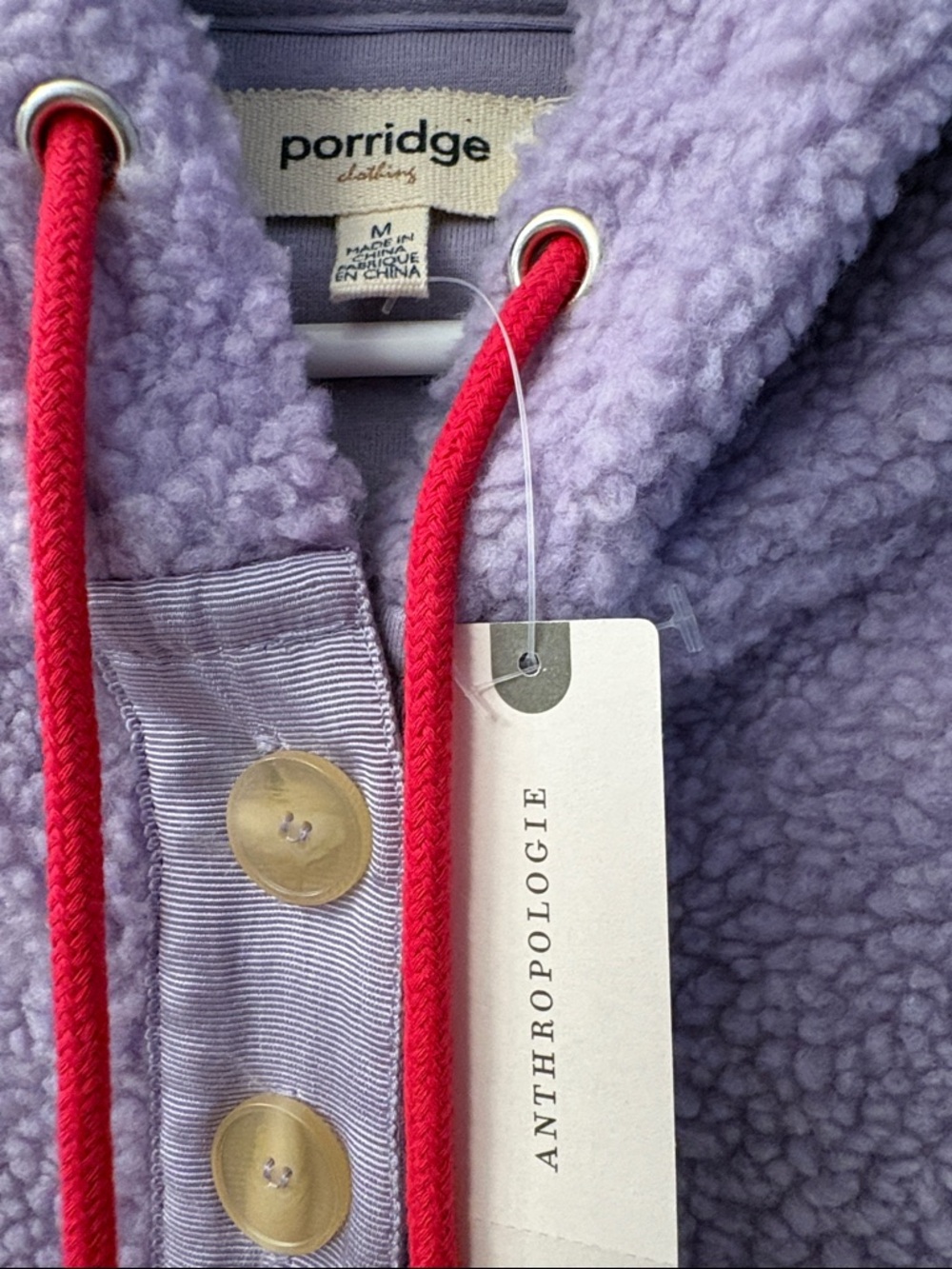 NWT Porridge Anthropologie Sherpa Hoodie Lavender Red Drawcords - Picture 2 of 6